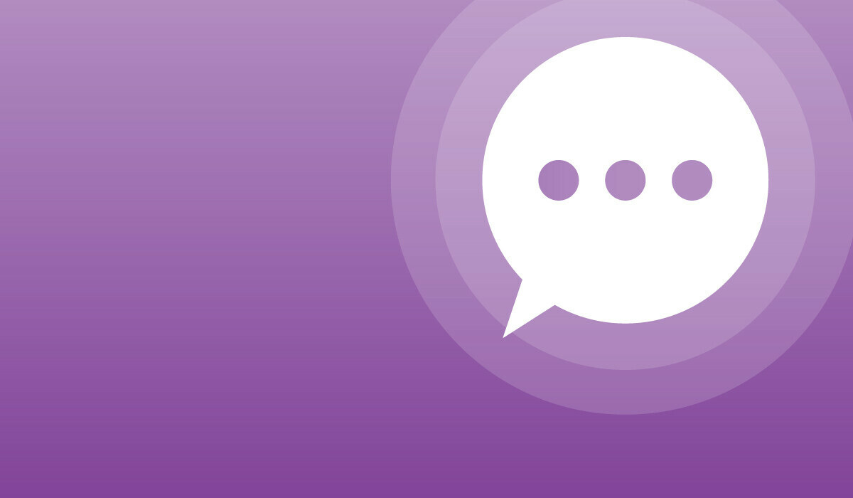 Graphics of a speech bubble on a purple background.