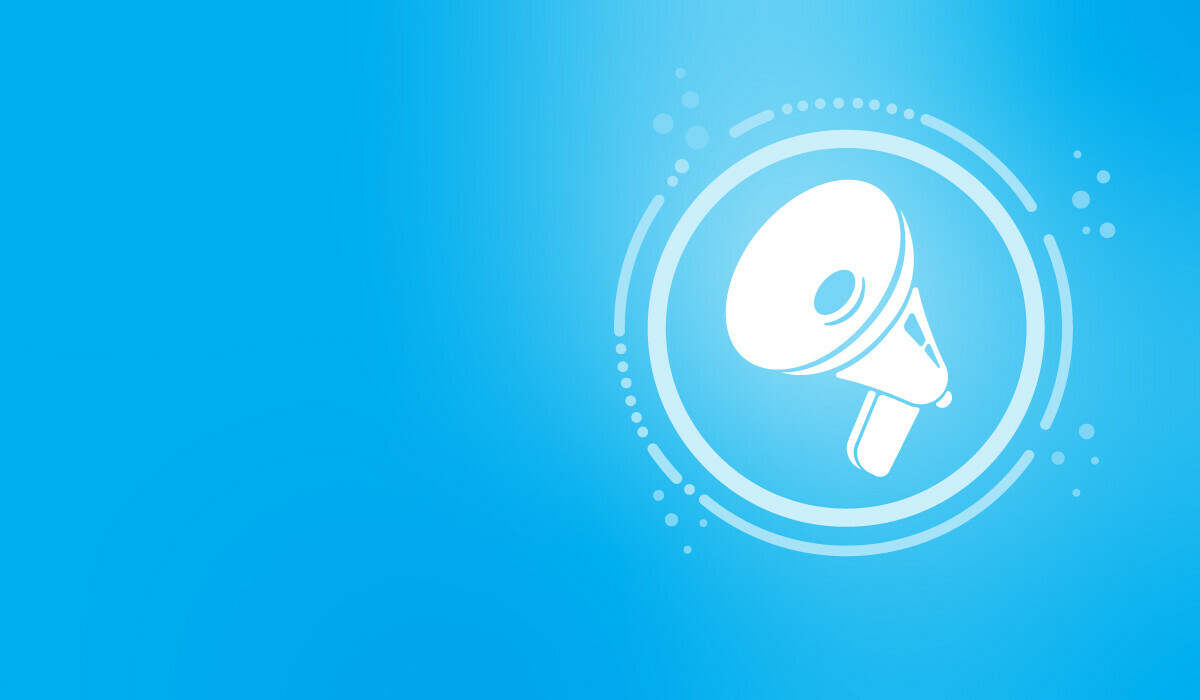 Blue gradient background with a megaphone icon in white.